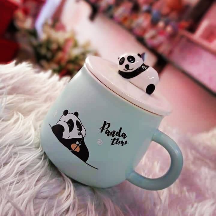 Cute Panda Mug with Lid and spoon (Green)