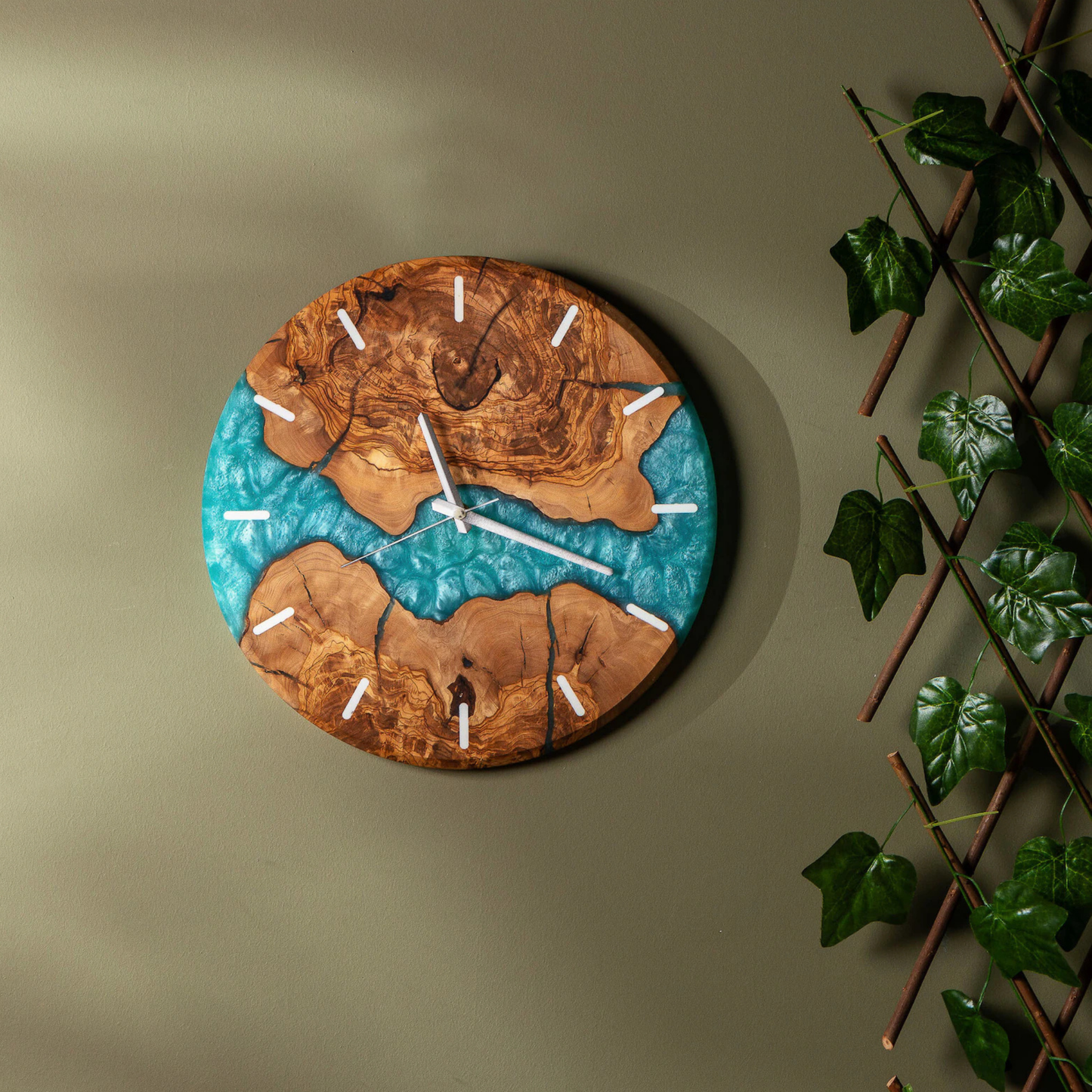 8 Custom Made Resy and Olive Wood Wall Clock