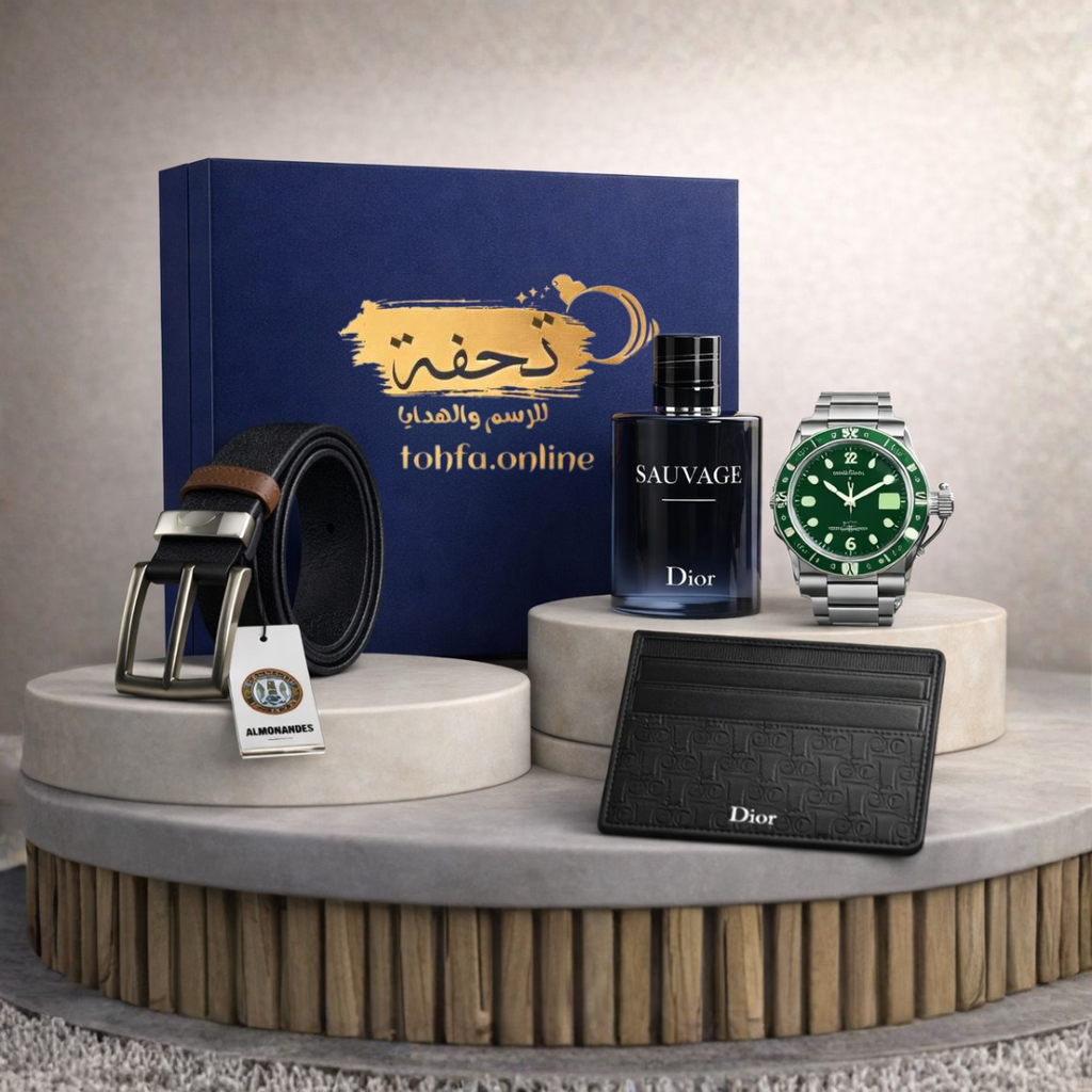 Gift box from Tohfa: Rolex watch (metal) + Sauvage perfume + Dior wallet + genuine leather belt + Tohfa blue box.