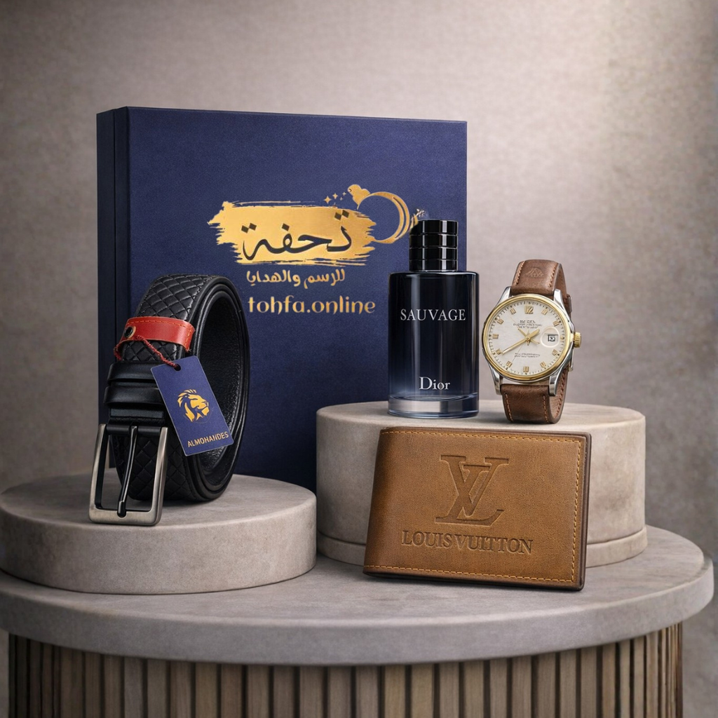 Gift box from Tohfa: Rolex leather watch + Sauvage perfume + Louis Vuitton wallet ++ natural leather belt + blue Tohfa box