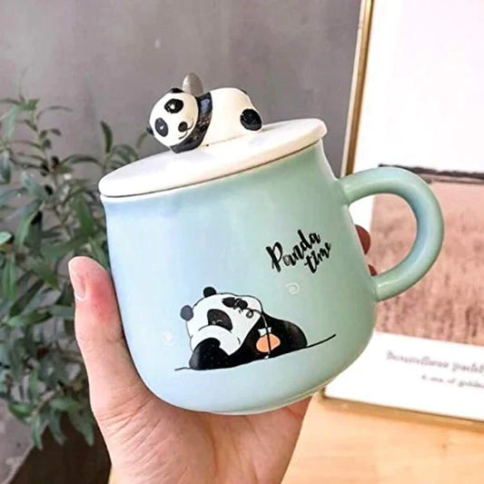 Cute Panda Mug with Lid and spoon (Green)