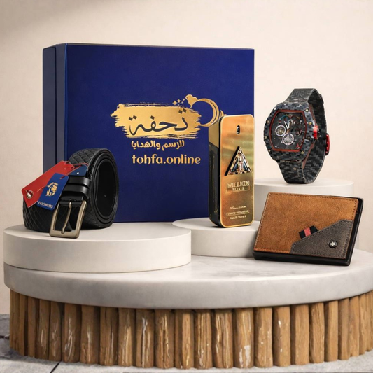 صندوق هدايا من تحفة ساعه ريتشارد ميل +برفان ون مليون+محفظه مونت بلانك++حزام جلد طبيعي +بوكس تجفة الأزرق
