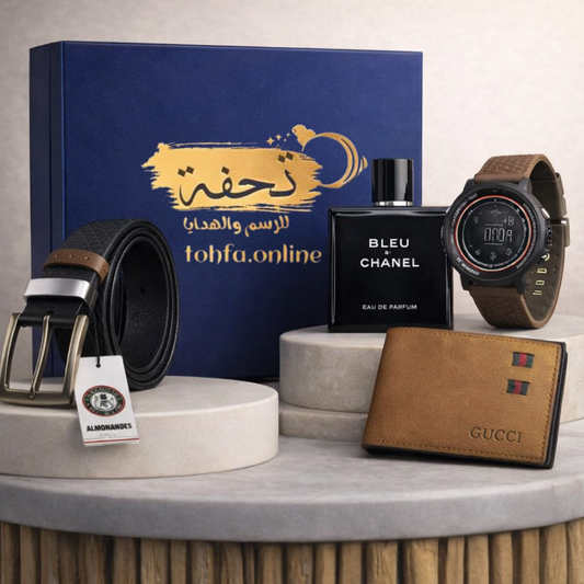 صندوق هدايا من تحفة ساعه لاشيدا رياضيه +برفان بلو تشانيل +محفظه جوتشي ++حزام جلد طبيعي +بوكس تجفة الأزرق