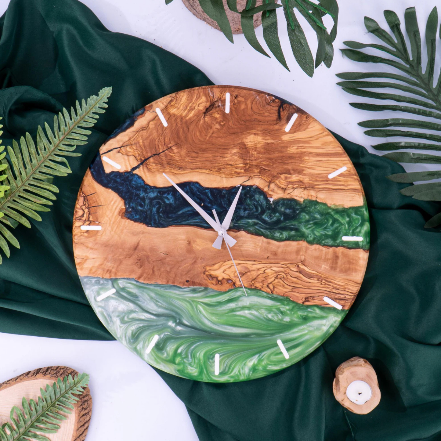 12 Custom Made Resy and Olive Wood Wall Clock