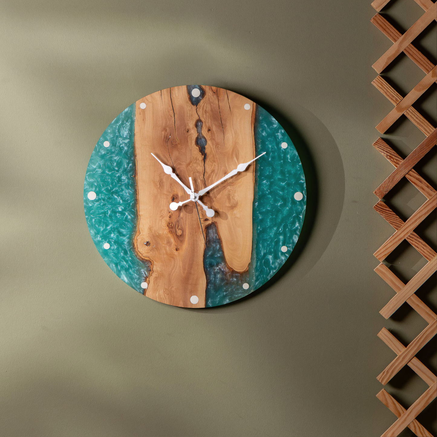 7  Custom Made Resy and Olive Wood Wall Clock