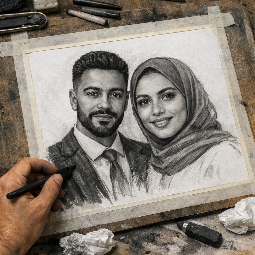 Hand-drawn charcoal frames for two people